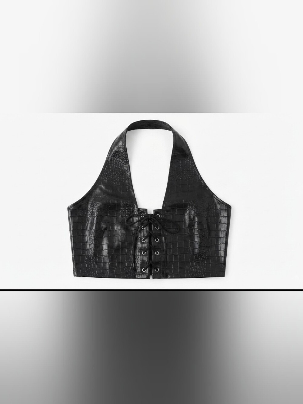 Black Crocodile Faux Leather Halter Corset Top - Size L